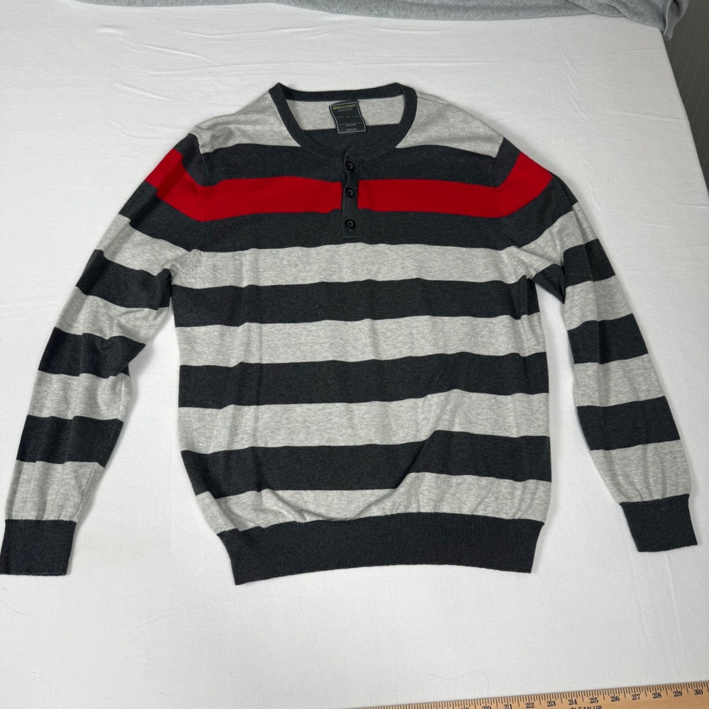 John Bartlett Consensus Henley Sweater L Gray Red Striped Preppy Minimalist